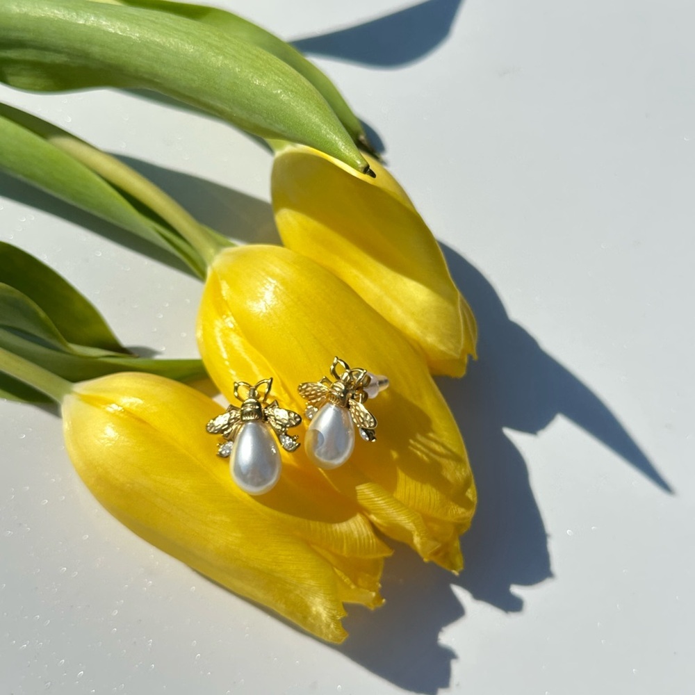Gold and Pearl tone Insect Earrings